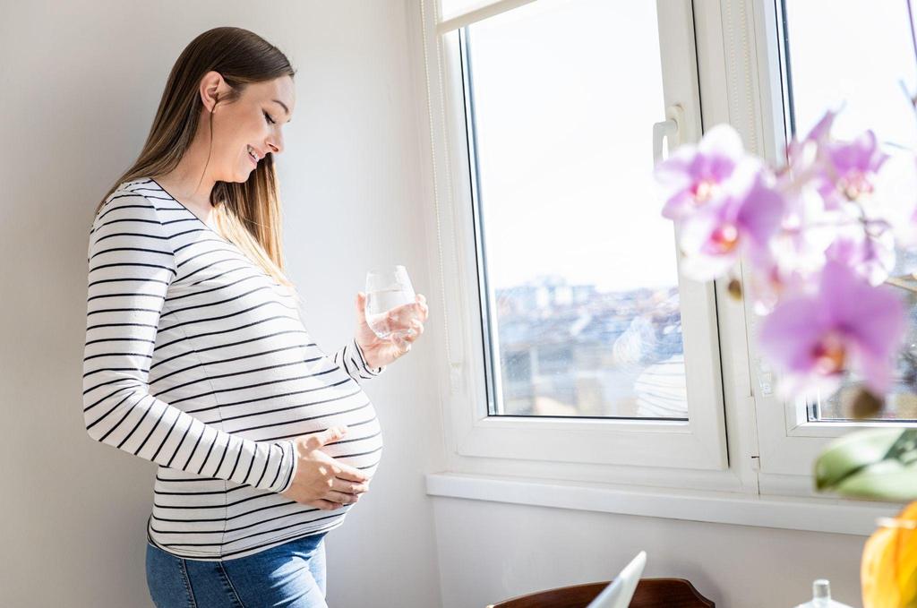 Pregnant woman using a water filter at home, representing the importance of clean water during pregnancy.
