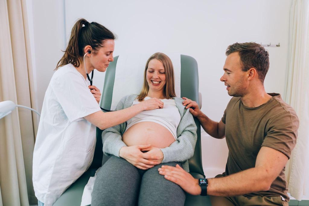 Pregnant woman sitting with a healthcare provider during an antenatal checkup.